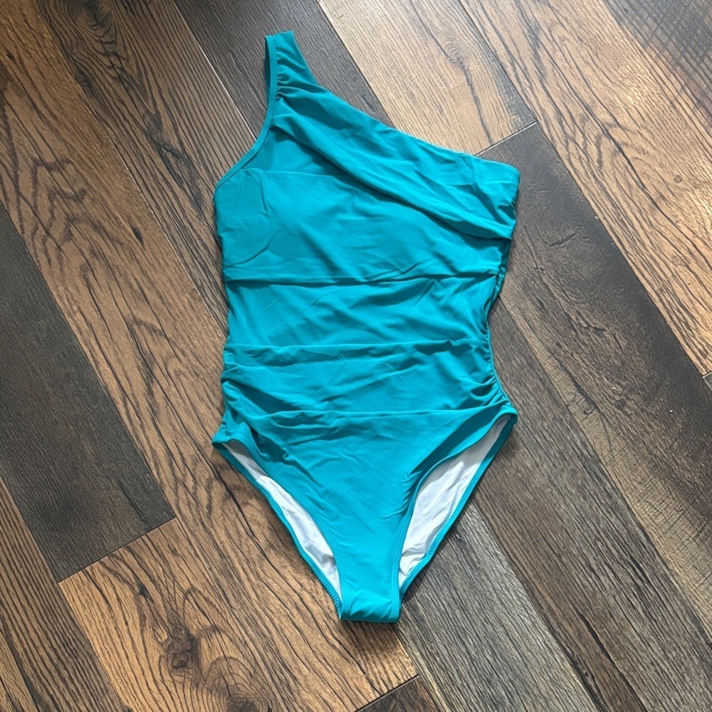 Fashion Nova Teal Blue One-Shoulder Swimsuit Mesh Panel Women’s Size Large NWOT